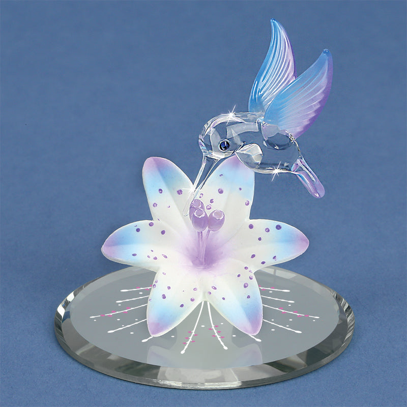 美しい」 Glass Baron Hummingbird ＆ Blue Flower Figurine